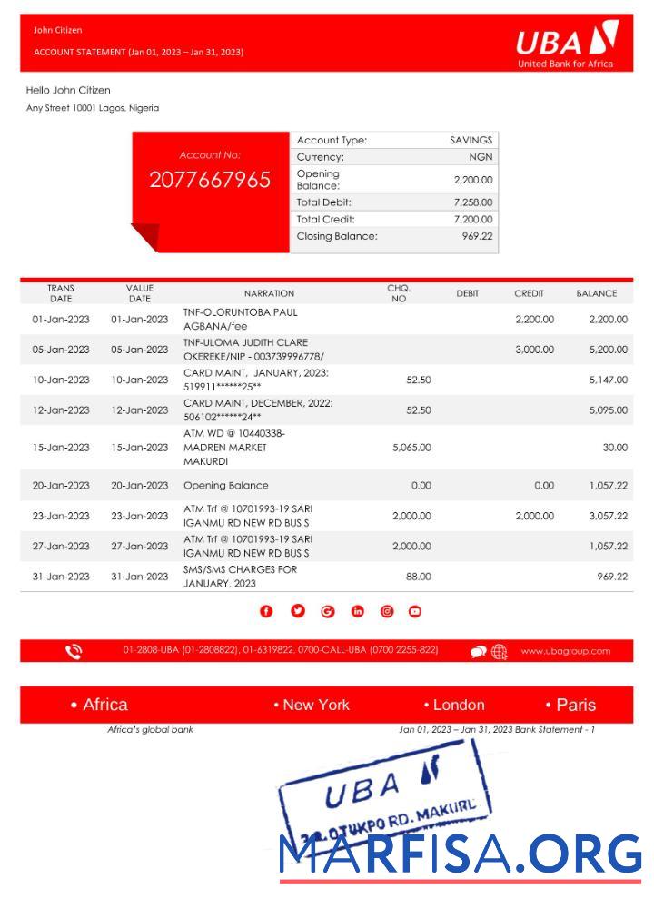 Downloadable Nigeria UBA bank statement word version 2 example